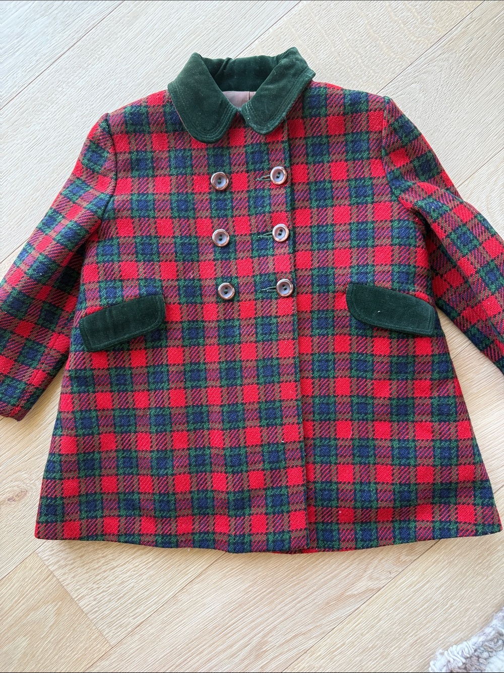 Vintage Kids Red & Green Plaid Double-Breasted Coat wool 4-5y ❤️💚🖤👀